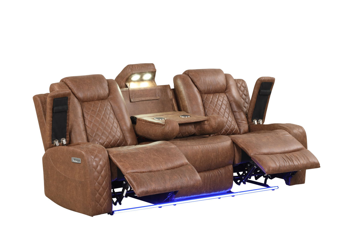 Tan 3-Piece Power Reclining Living Room Set with Power Headrests, Drop-Down Table & Wireless Charging