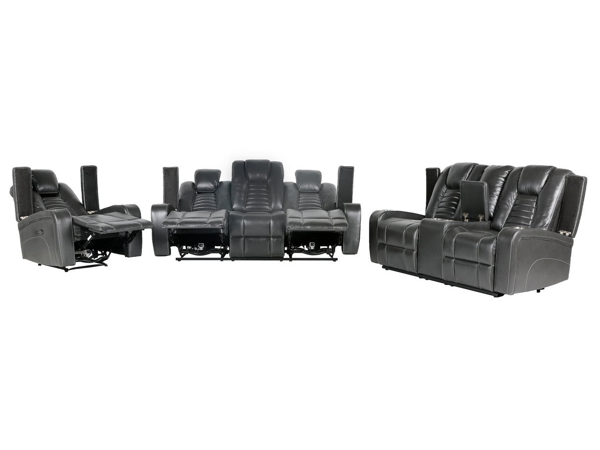 Meridian Grey 3-Piece Living Room Set with Power Headrests, Cup Holders & Storage
