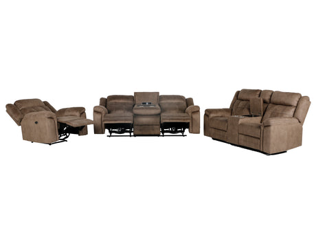 Keily Brown Power Reclining Sofa, Stationary Loveseat & Power Recliner Set with Console