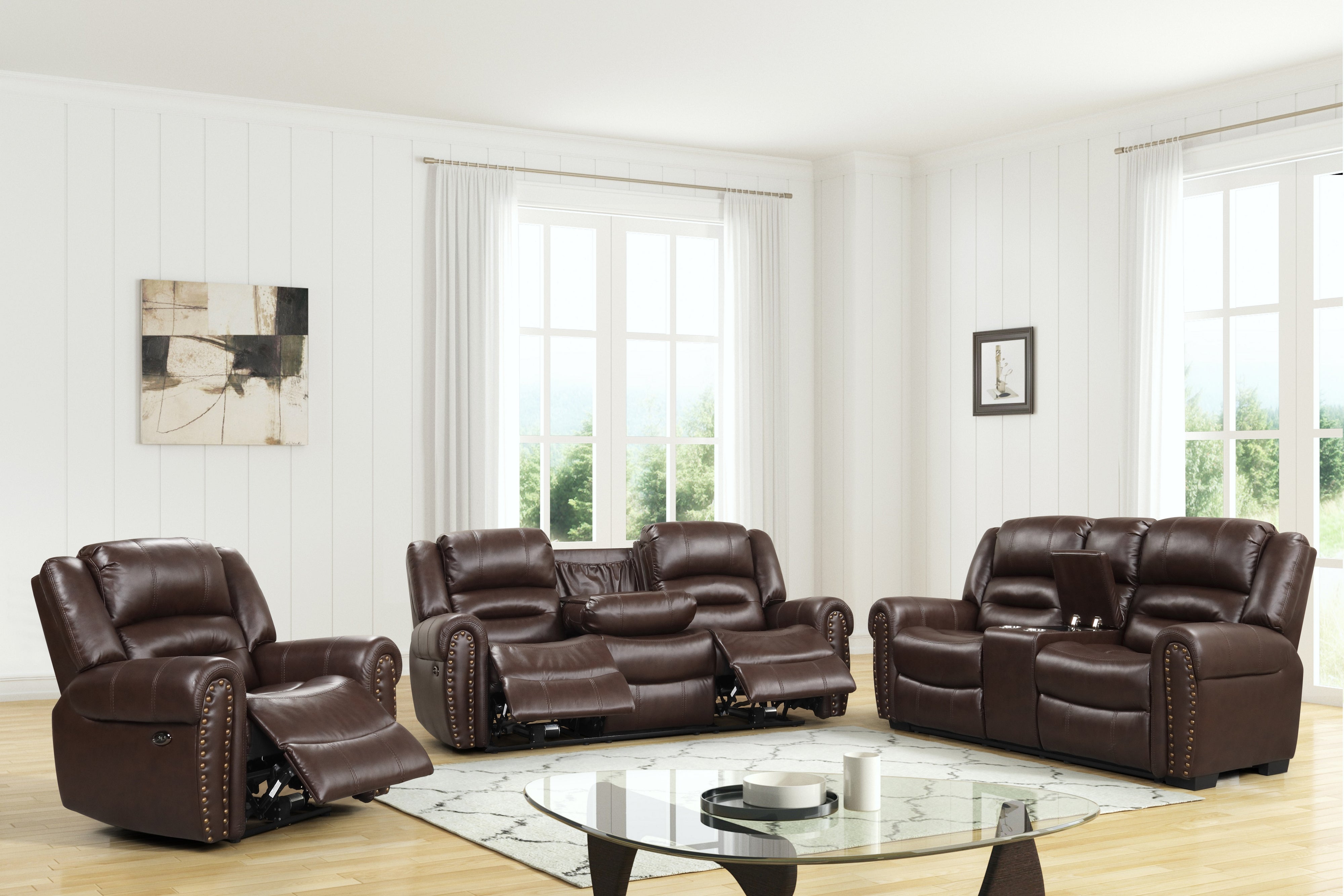 3 Piece Living Room Set: Power Reclining Sofa, Power Reclining Chair, Stationary Loveseat