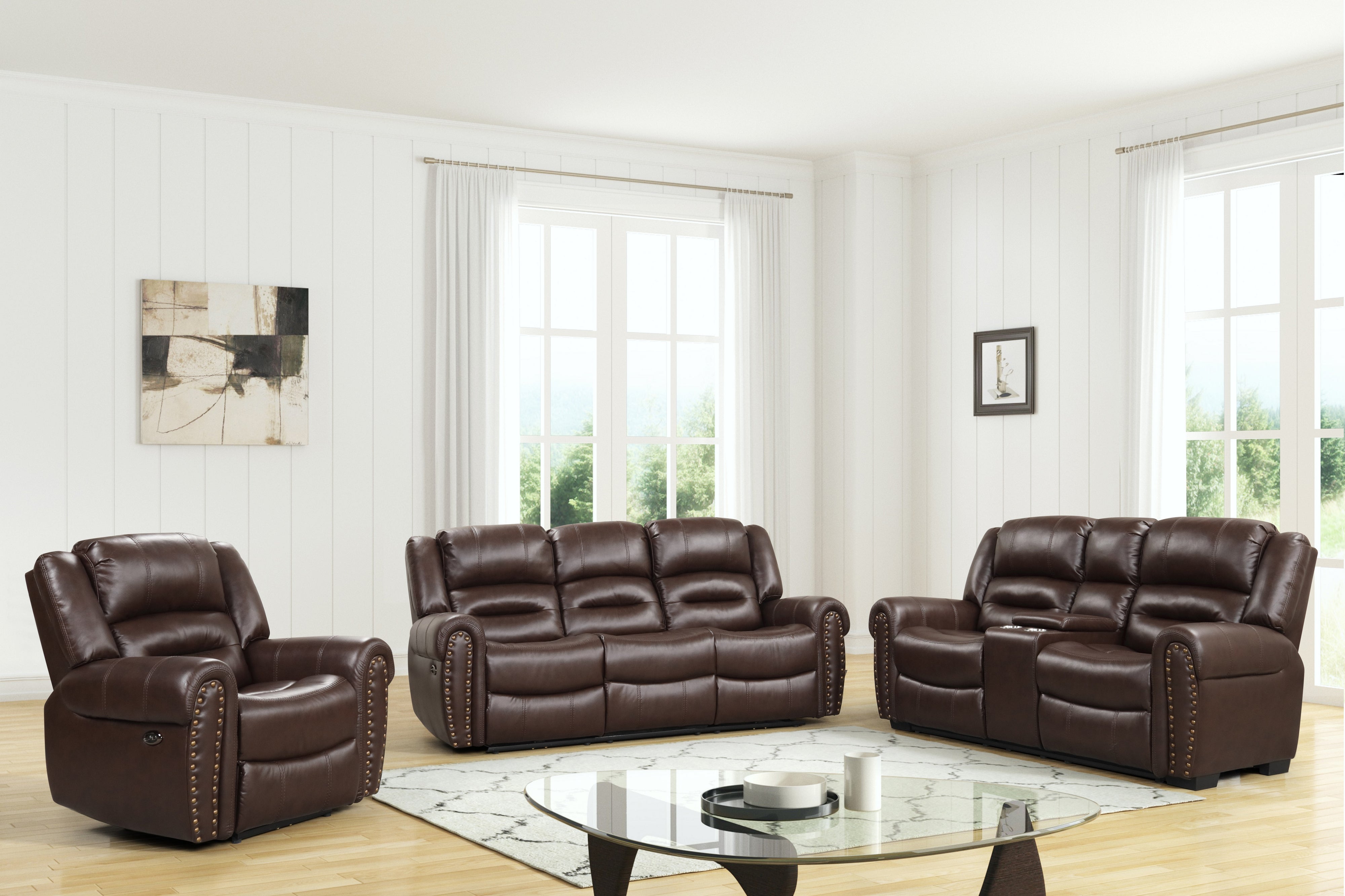 3 Piece Living Room Set: Power Reclining Sofa, Power Reclining Chair, Stationary Loveseat