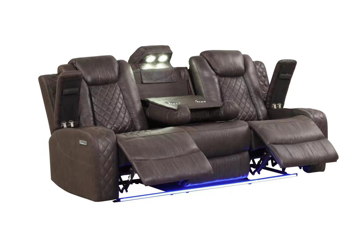 Chocolate Contemporary 3-Piece Power Reclining Living Room Set with Power Headrests, LED Lights & Wireless Charging