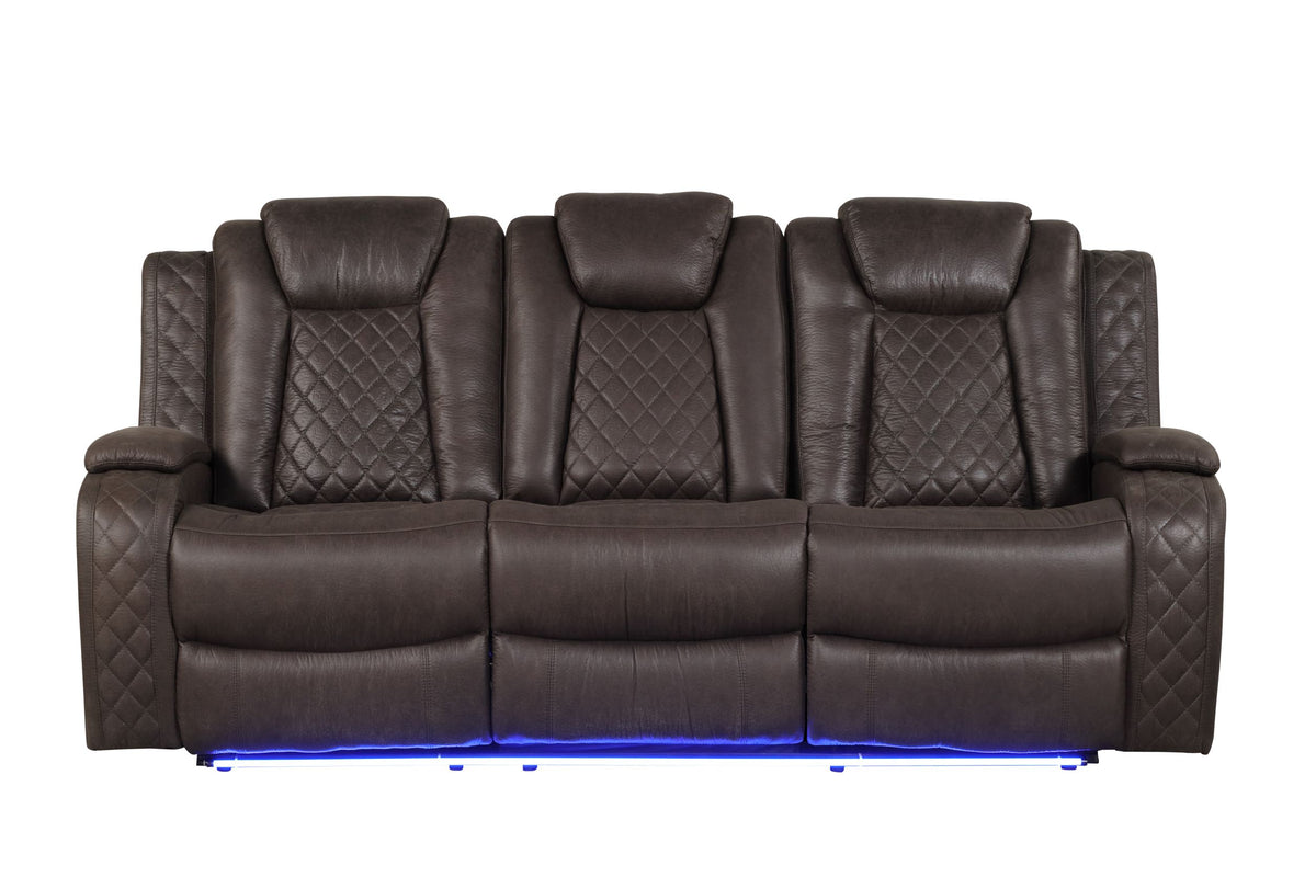 Chocolate Contemporary 3-Piece Power Reclining Living Room Set with Power Headrests, LED Lights & Wireless Charging