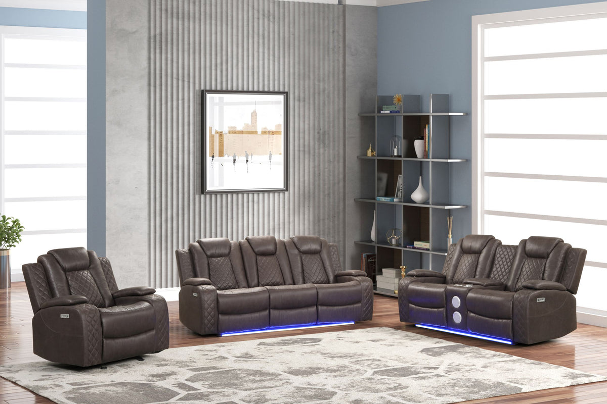Chocolate Contemporary 3-Piece Power Reclining Living Room Set with Power Headrests, LED Lights & Wireless Charging