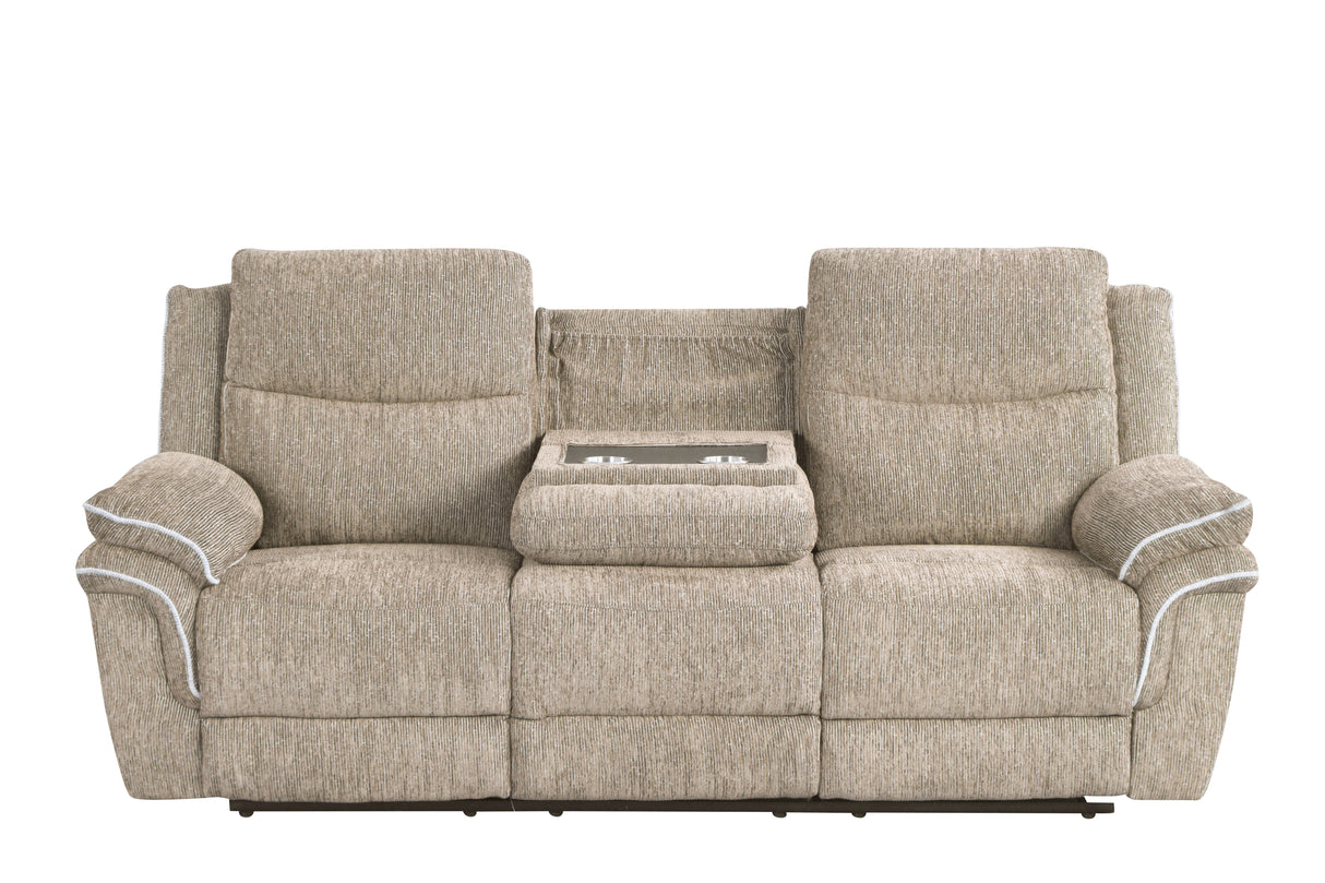 Light Brown Fabric 3-Piece Living Room Set with Power Reclining Sofa, Drop-Down Table, Console Loveseat & Power Recliner