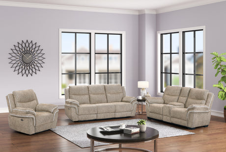 Light Brown Fabric 3-Piece Living Room Set with Power Reclining Sofa, Drop-Down Table, Console Loveseat & Power Recliner…