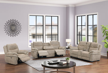 Light Brown Fabric 3-Piece Living Room Set with Power Reclining Sofa, Drop-Down Table, Console Loveseat & Power Recliner