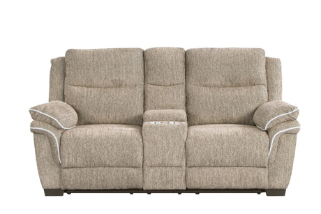 Light Brown Fabric 3-Piece Living Room Set with Power Reclining Sofa, Drop-Down Table, Console Loveseat & Power Recliner…