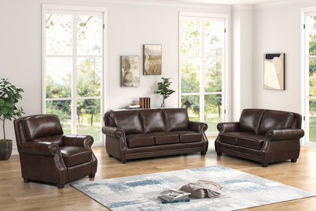 Brown Top Grain Leather Sofa, Loveseat & Push Back Recliner Living Room Set