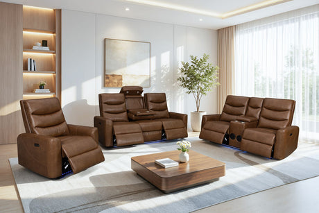 A brown leather reclining living room furniture set including a three-seat sofa, a matching two-seat recliner, and a separate high-back recliner, arranged around a wooden coffee table on a light gray rug in a modern living room.