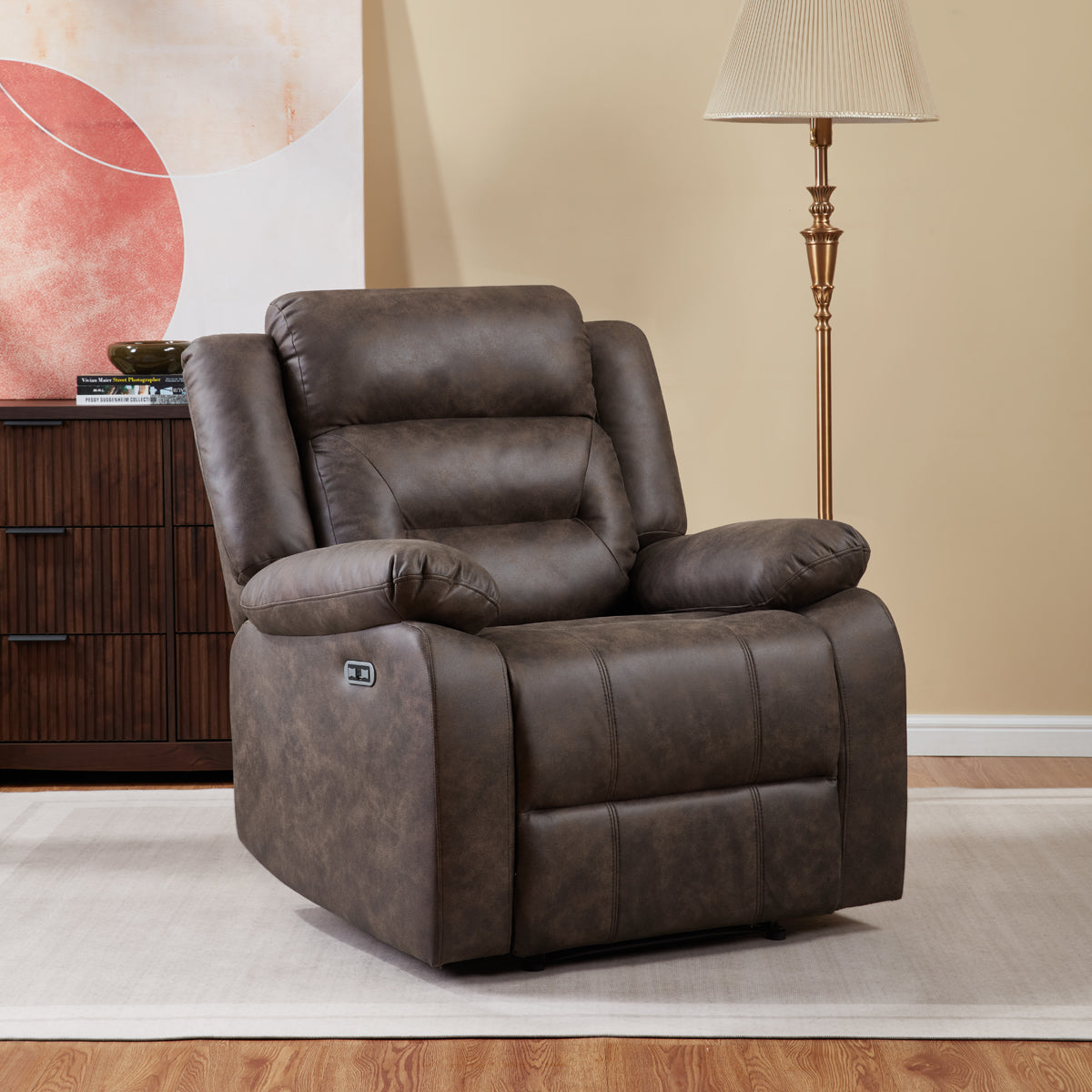 Plush Brown Power Recliner with Pillow Armrests & Overstuffed Back