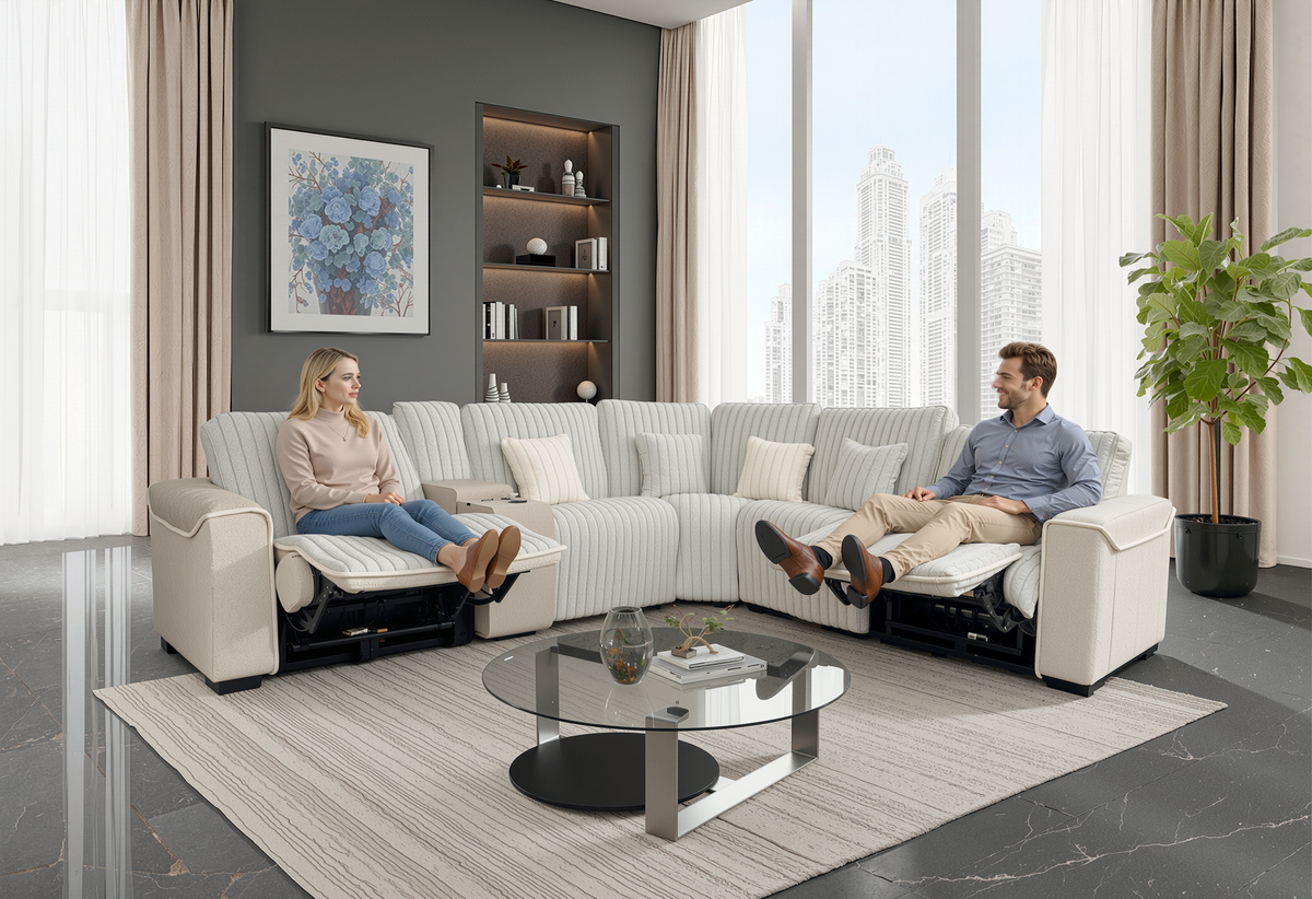 Gray Modern Ribbed Corduroy 6-Piece Power Reclining Sectional with Wireless Charging Console