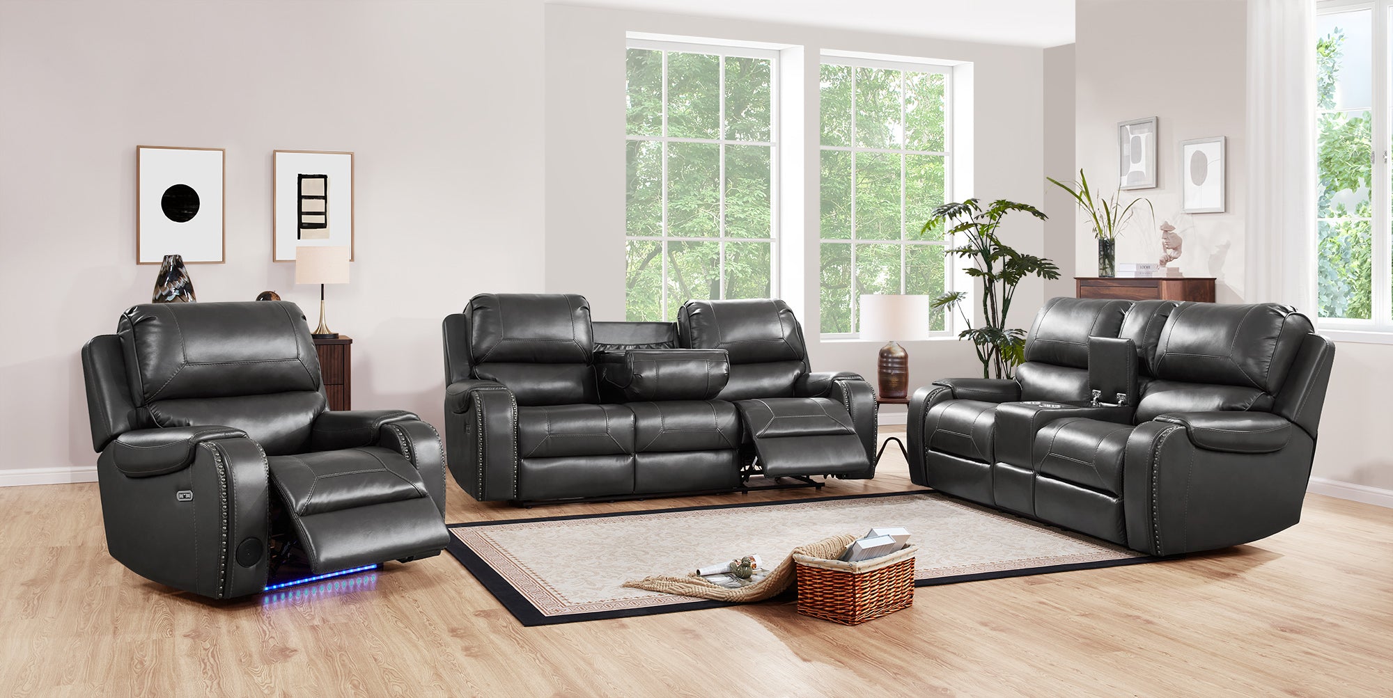 3 Piece Living Room Set: Power Reclining Sofa, Power Reclining Chair, Stationary Loveseat