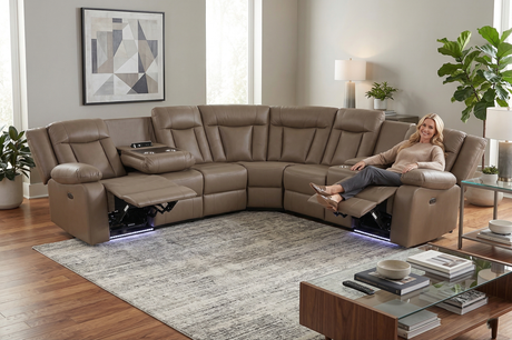 Light Brown 3-Piece Power Reclining Sectional with LED Lighting, Console & Speaker - view 2