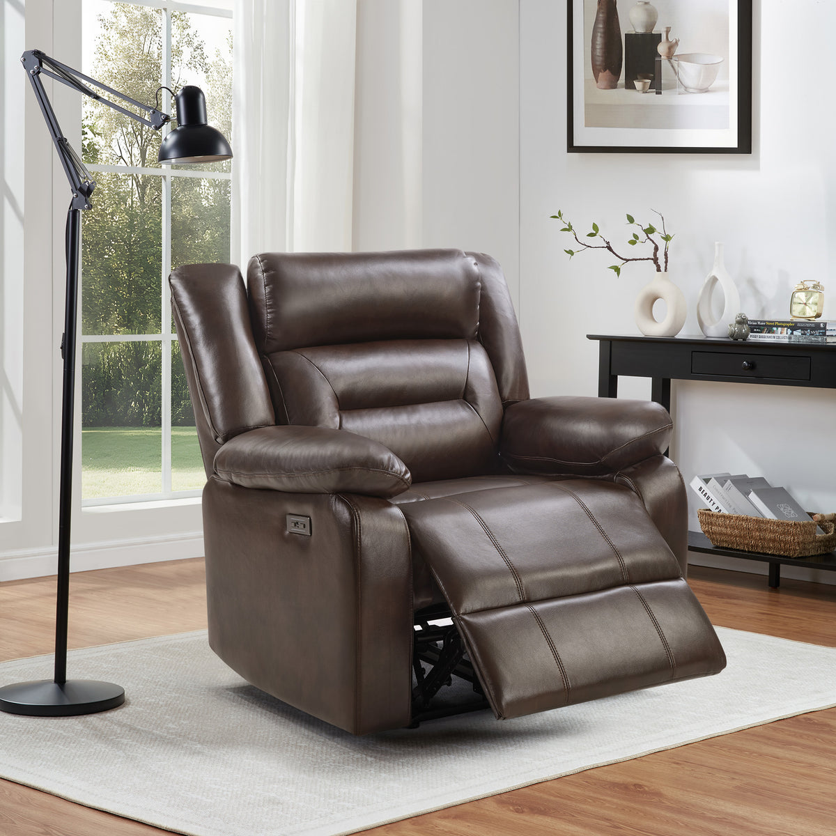 Brown Power Recliner Chair with Pillow Armrests and Plush Backseat