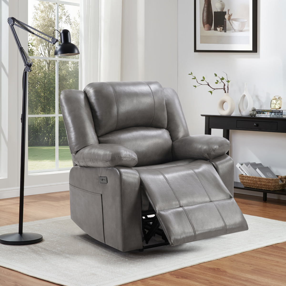 Power Recliner with Overstuffed Back & USB Port - Gray