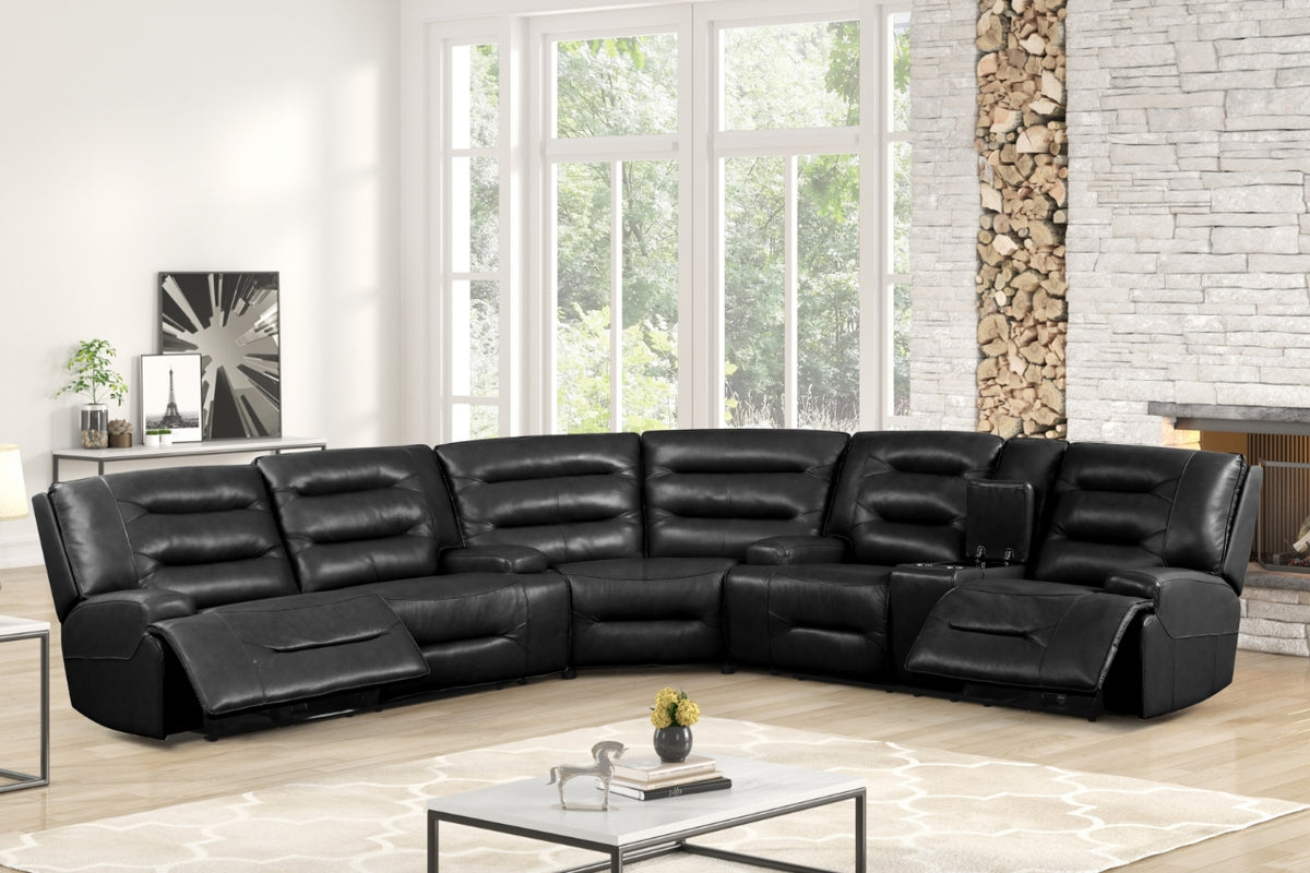Modern Black Power Reclining Sectional Sofa with Console - Top Grain Leather by Sara Collections | Bel Furniture