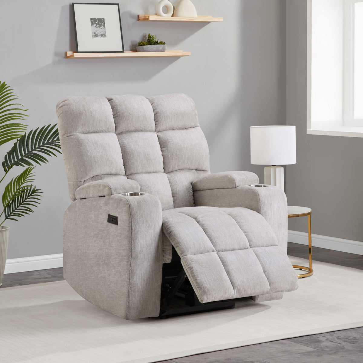 Power Recliner with Cup Holders and USB Charging - Beige by Sara Collections | Bel Furniture