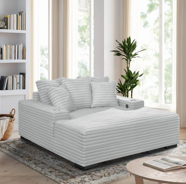 Modern Grey Velvet Chaise Lounge with Cup Holders and USB Charging Port by Sara Collections | Bel Furniture