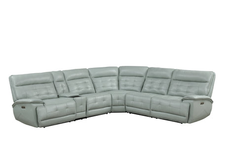 Ice Blue Leather Power Reclining Sectional with Power Headrests, Storage Console & USB Charging