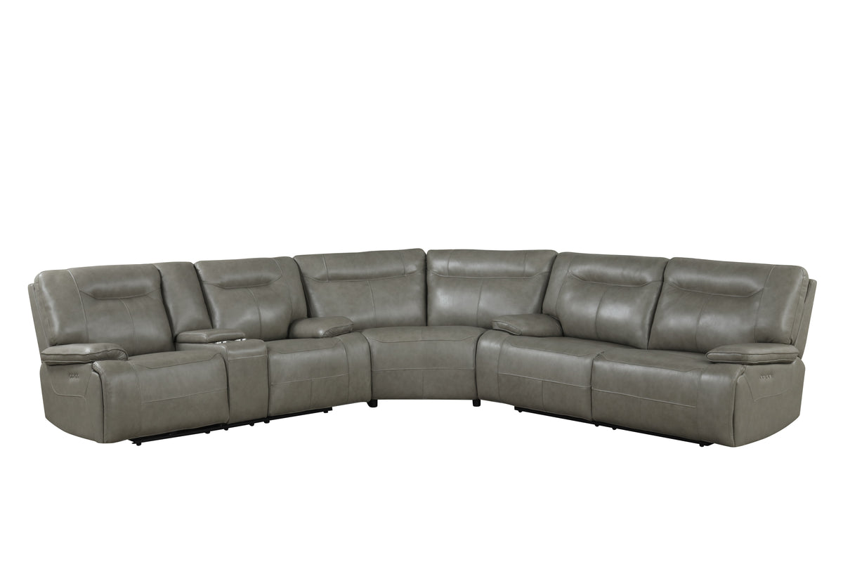Contemporary Cement Gray Top-Grain Leather Power Reclining Sectional with Power Headrests, Storage Console & Wireless Charging