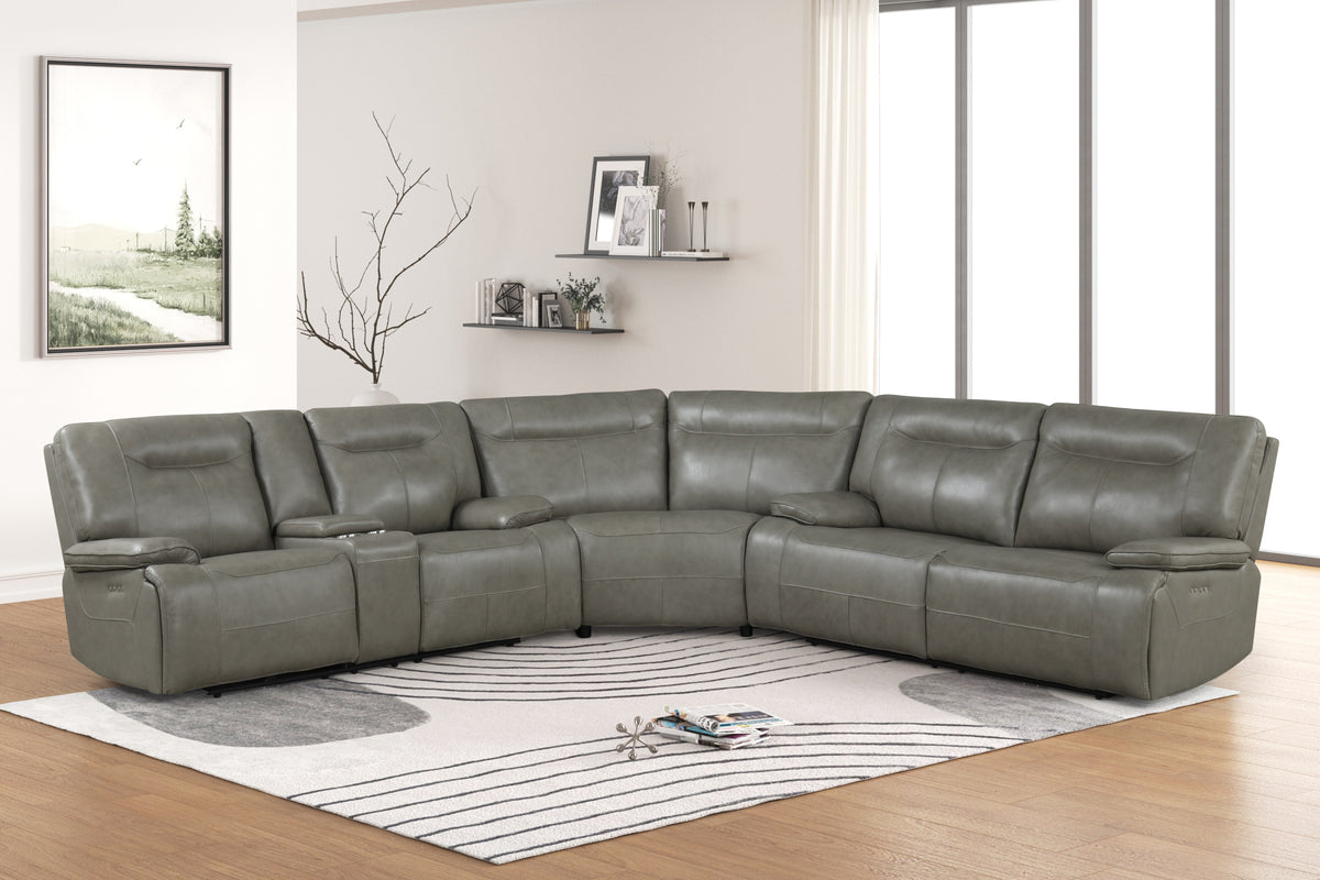 Contemporary Cement Gray Top-Grain Leather Power Reclining Sectional with Power Headrests, Storage Console & Wireless Charging