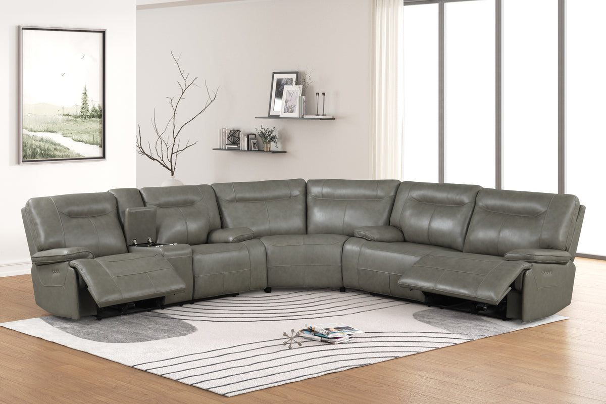 Contemporary Cement Gray Top-Grain Leather Power Reclining Sectional with Power Headrests, Storage Console & Wireless Charging