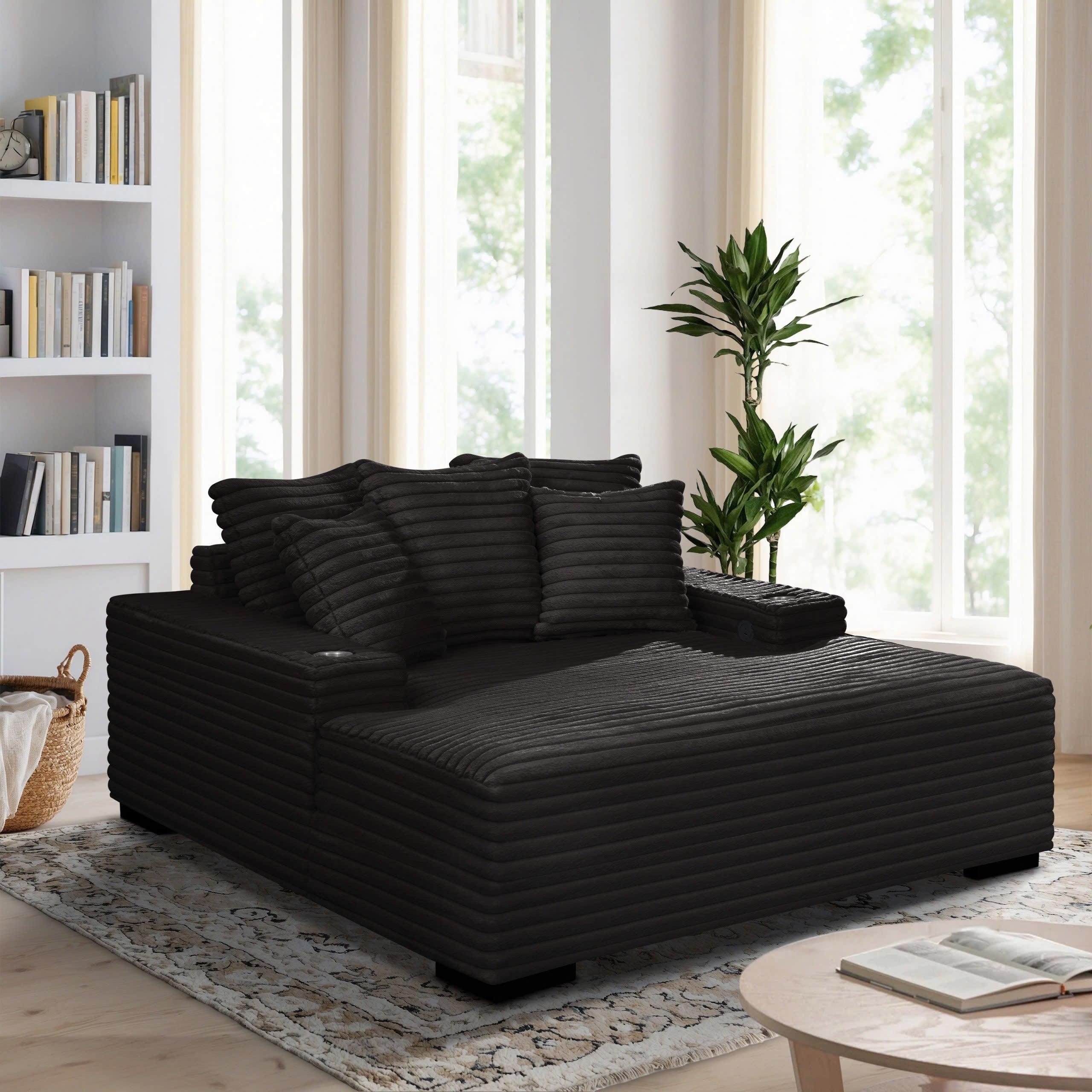 Black Velvet Chaise Lounge with USB & Cupholders | Bel Furniture