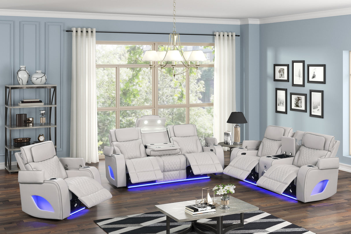 Modern Ice Grey 3-Piece Power Reclining Set w/ Power Headrests, LED Lighting, Wireless Charging, Bluetooth Speakers + USB Ports