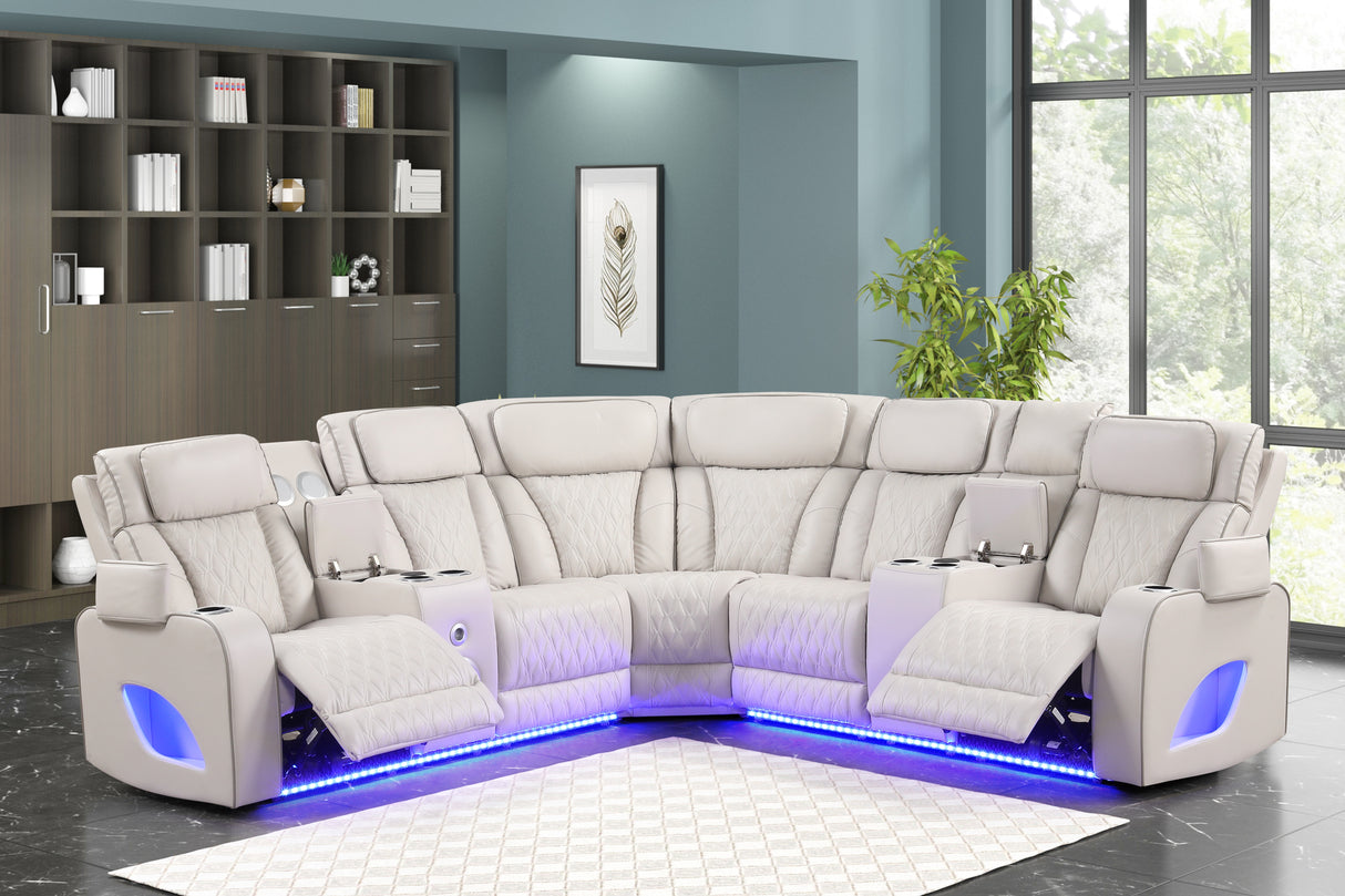 Cream Power Reclining Sectional w/ Massage, LED, Bluetooth Speakers & Wireless Charging