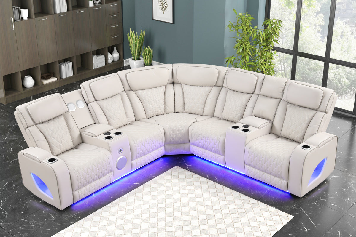 Cream Power Reclining Sectional w/ Massage, LED, Bluetooth Speakers & Wireless Charging