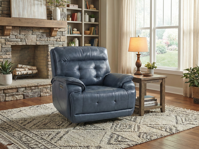 Blue leather recliner chair in a living room with a fireplace and bookshelf.