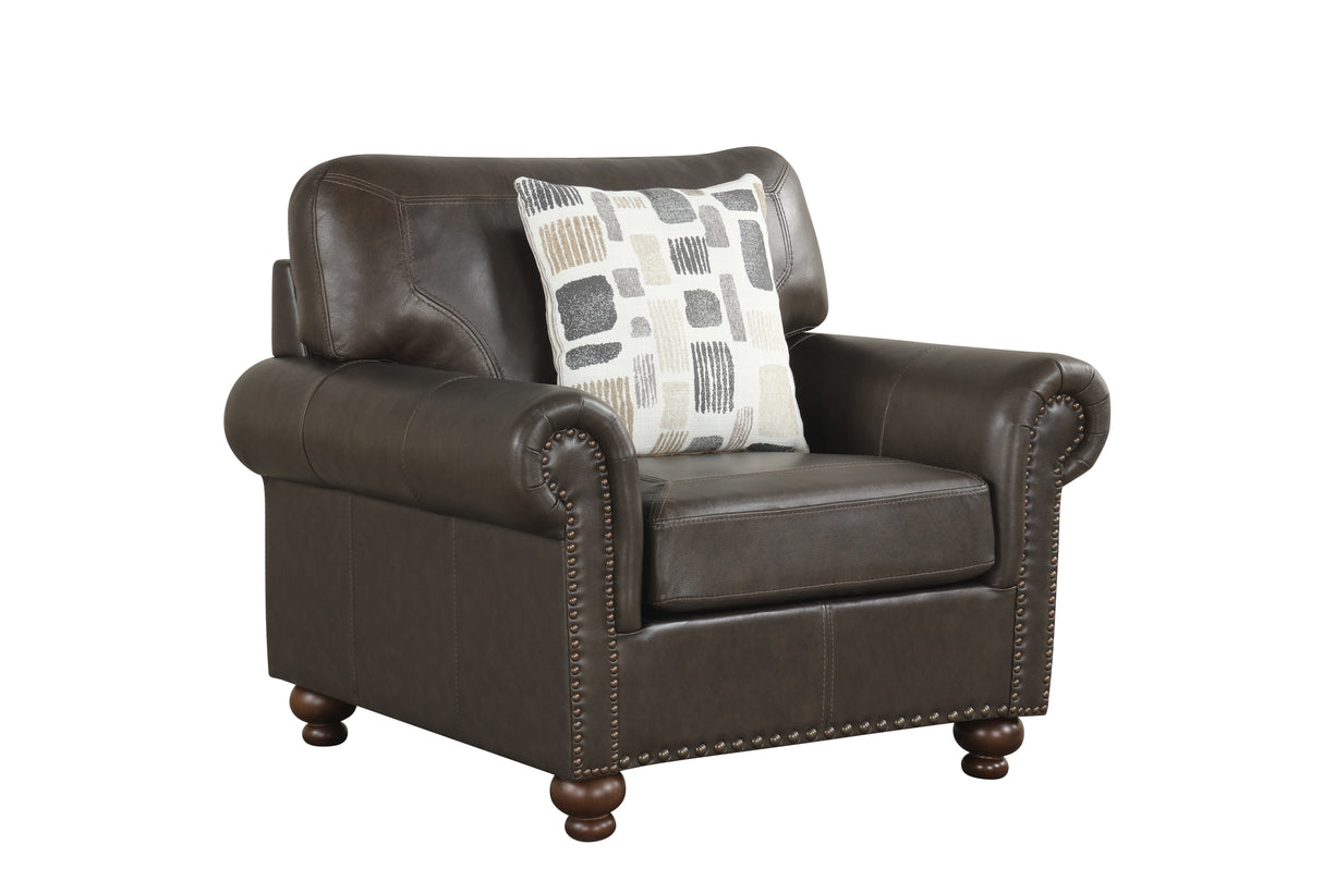 Chocolate Top-Grain Leather Stationary Living Room Set – Sofa, Loveseat, Chair & Ottoman