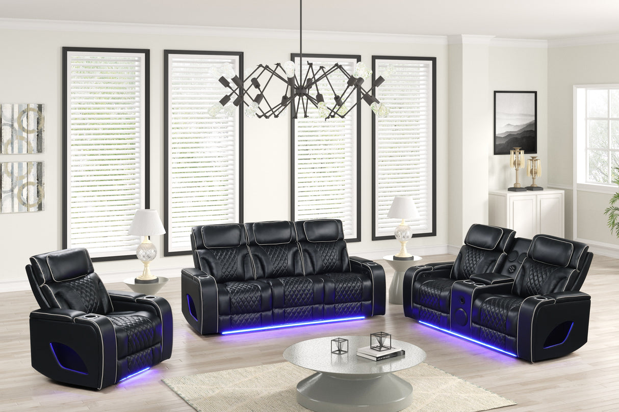 Black Dual Power Reclining 3-Piece Living Room Set with LED, Speakers & Wireless Charging