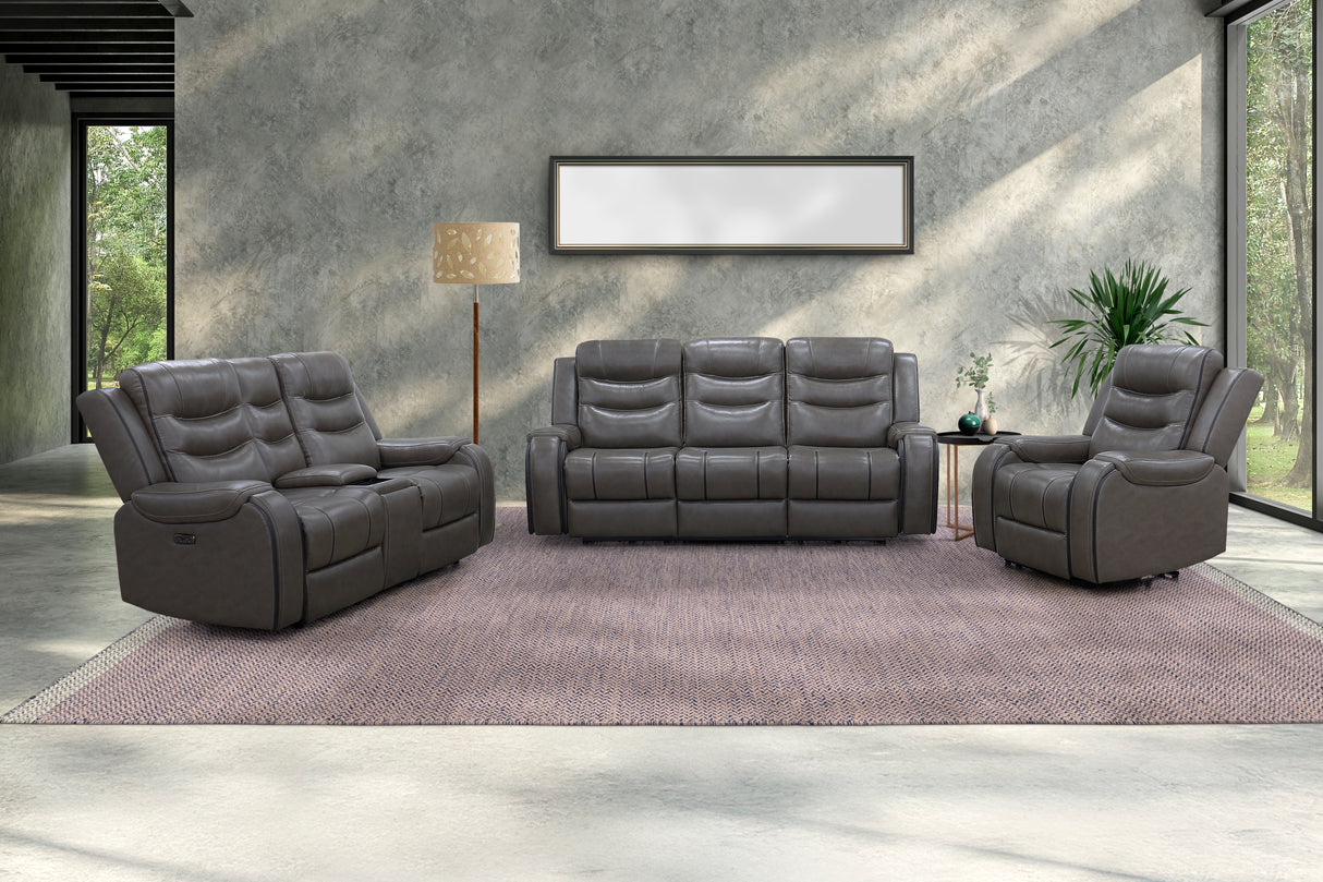 Warm Gray Top Grain Leather Power Reclining 3-Piece Living Room Set with Power Headrests