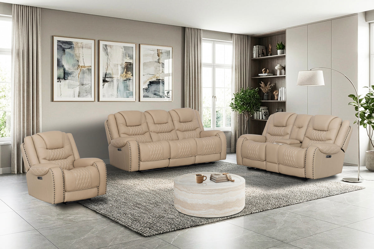 Toffee Contemporary Top-Grain Leather Dual Power Reclining 3-Piece Living Room Set w/ USB & Wireless Charging