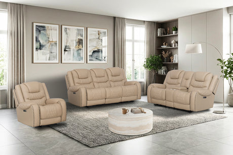 Toffee Contemporary Top-Grain Leather Dual Power Reclining 3-Piece Living Room Set w/ USB & Wireless Charging