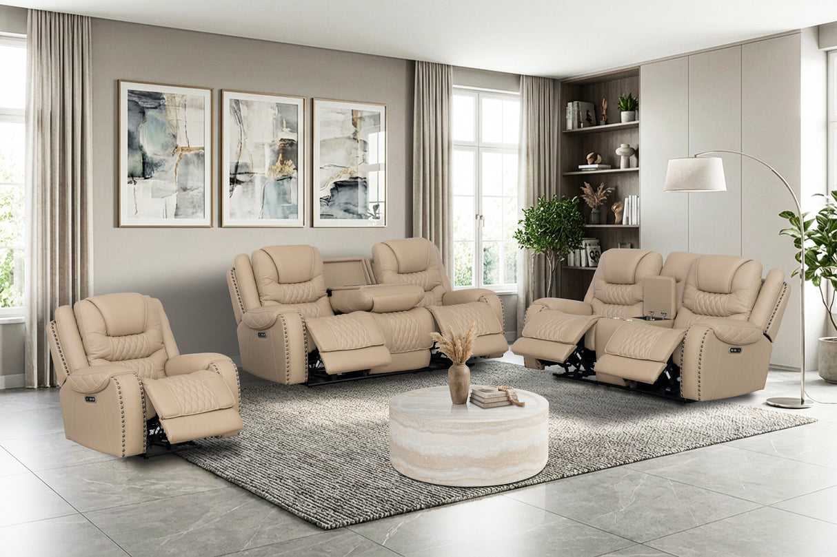 Toffee Contemporary Top-Grain Leather Dual Power Reclining 3-Piece Living Room Set w/ USB & Wireless Charging