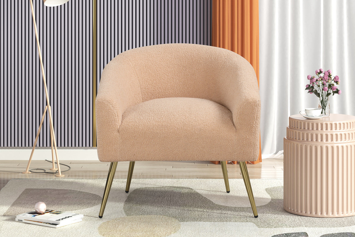 Light Brown Boucle Barrel Accent Chair with Gold Metal Legs by Sara Collections | Bel Furniture