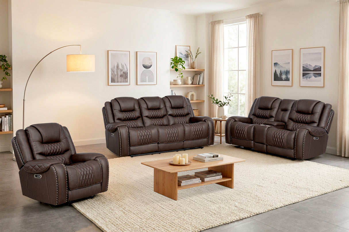 Umber Contemporary Top Grain Leather 3-Piece Dual Power Reclining Living Room Set with Console, USB & Wireless Charging