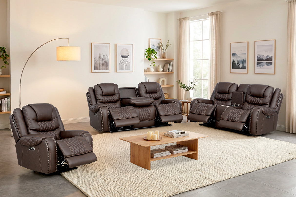 Umber Contemporary Top Grain Leather 3-Piece Dual Power Reclining Living Room Set with Console, USB & Wireless Charging