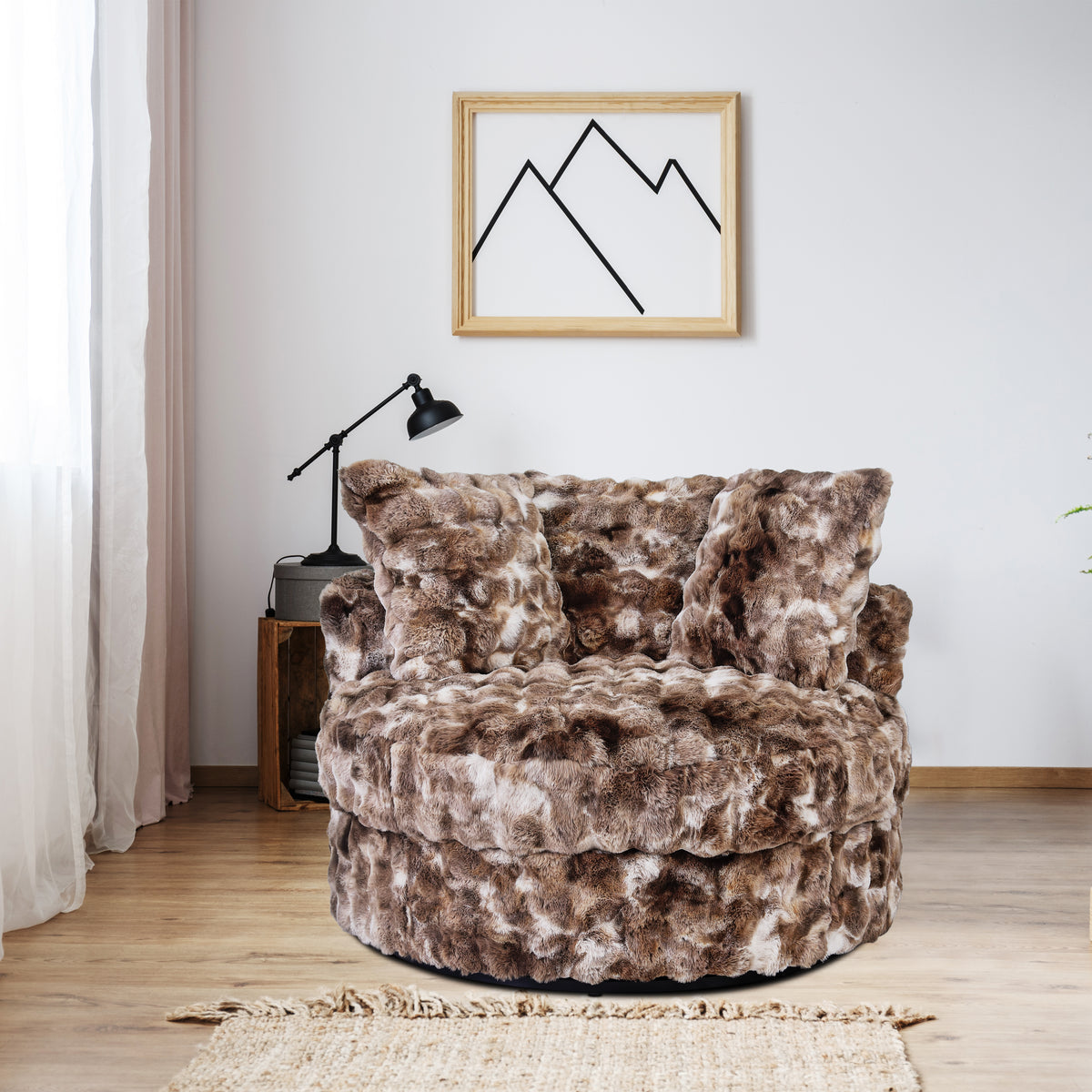 Faux Fur Swivel Chair with Plush Pillows - Brown by Sara Collections | Bel Furniture