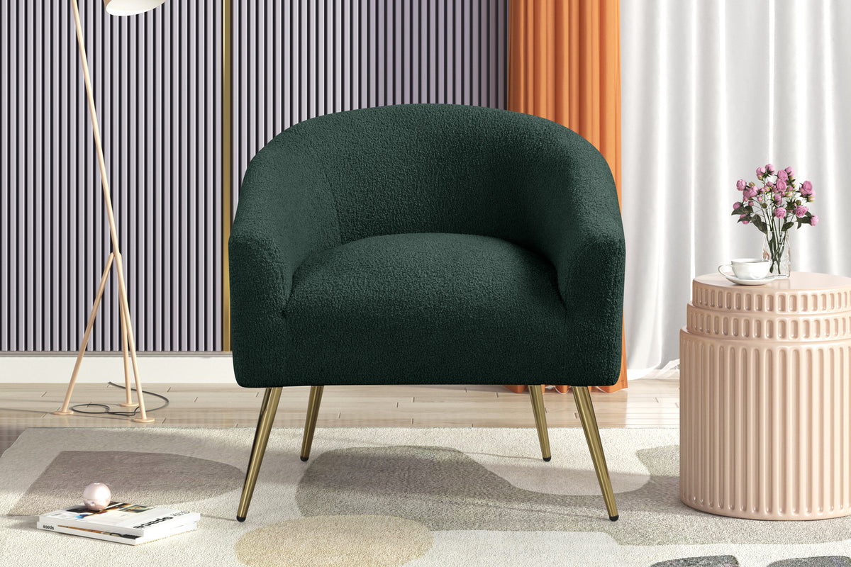 Dark Green Boucle Barrel Accent Chair with Gold Metal Legs by Sara Collections | Bel Furniture