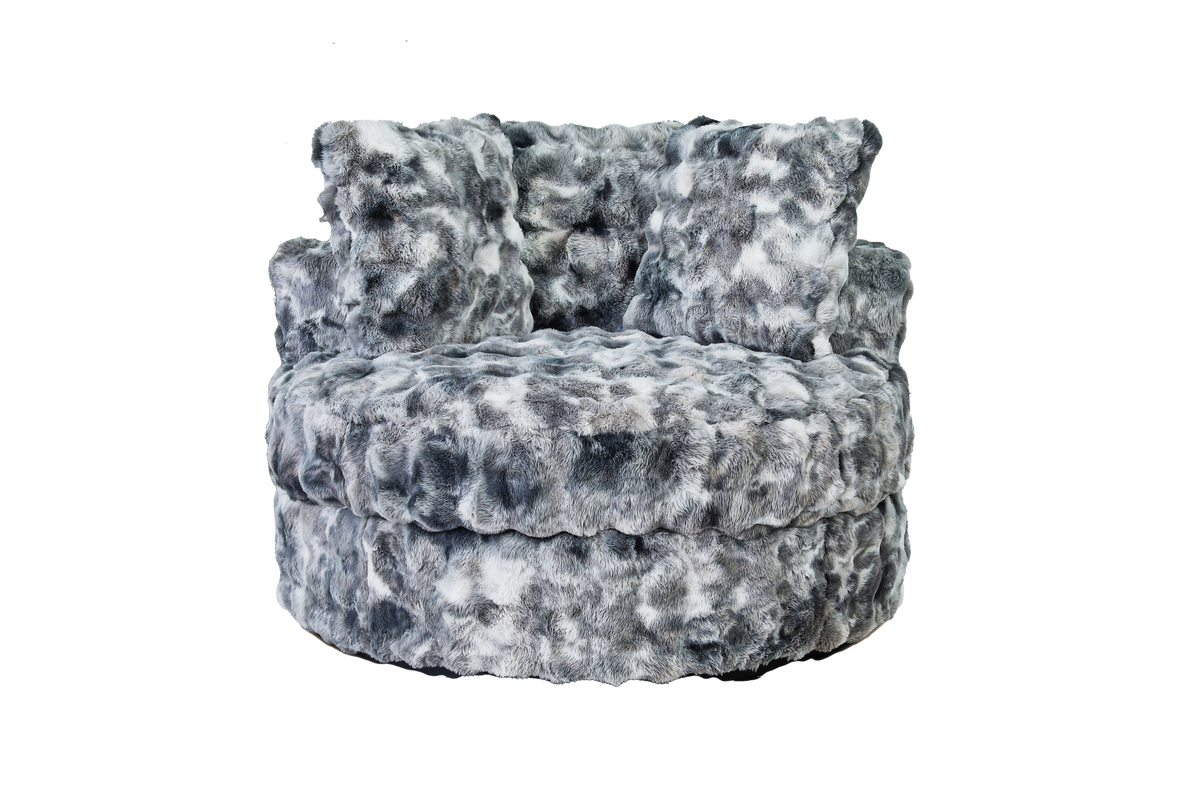 Gray Faux Fur Swivel Accent Chair with Plush Pillows