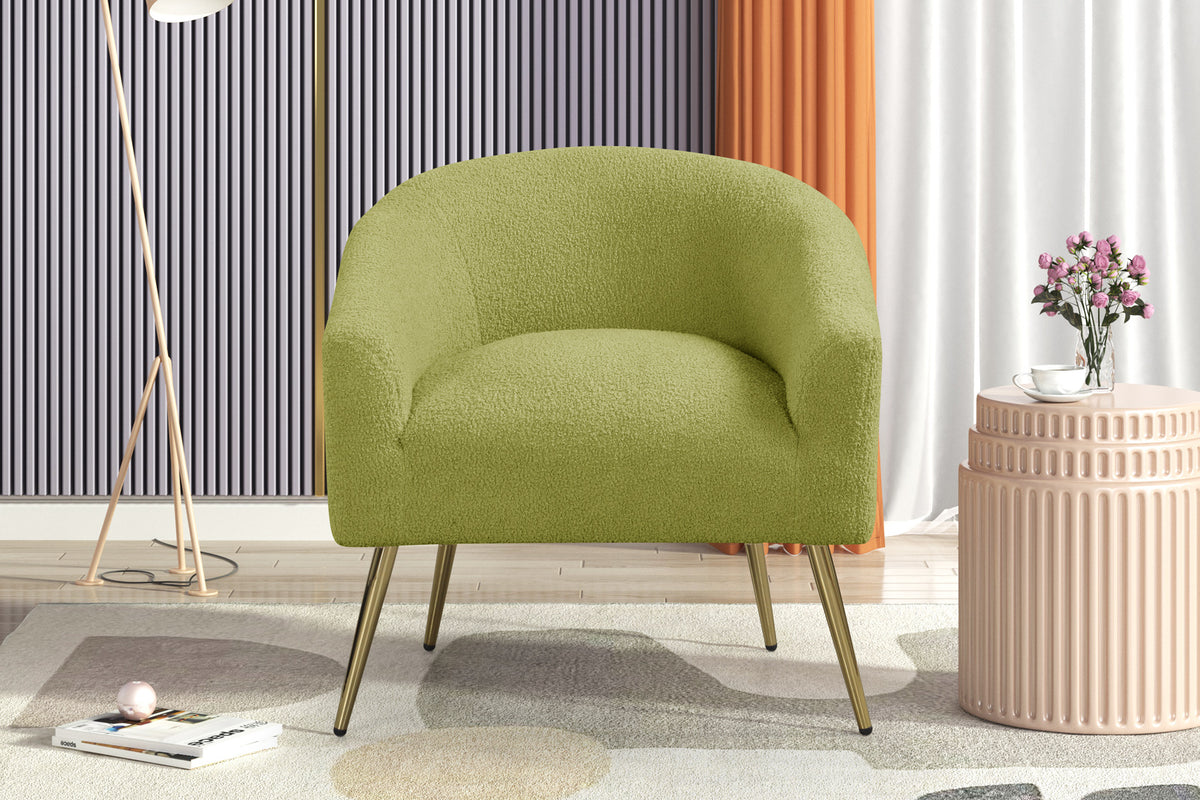 Light Green Boucle Accent Chair with Gold Metal Legs by Sara Collections | Bel Furniture