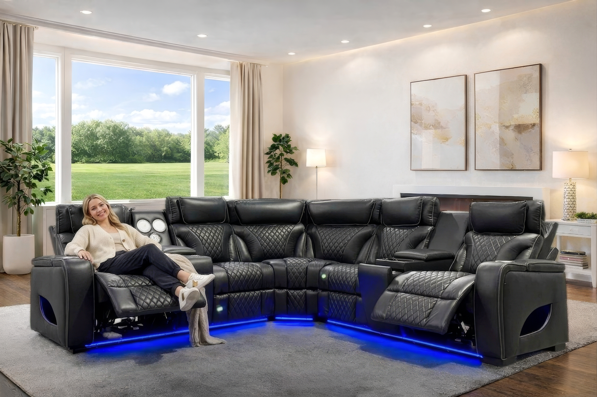 Black Power Reclining Sectional with Power Headrests, Speaker, Wireless Charging & LED Lighting