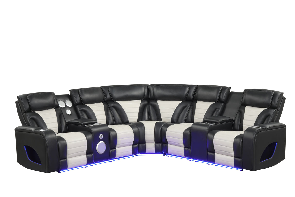 Two-Tone Curved Power Reclining Sectional with LED Lights, Cup Holders, USB & Built-In Speakers