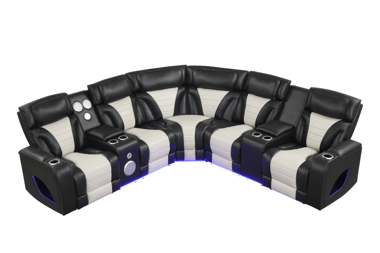 Two-Tone Curved Power Reclining Sectional with LED Lights, Cup Holders, USB & Built-In Speakers