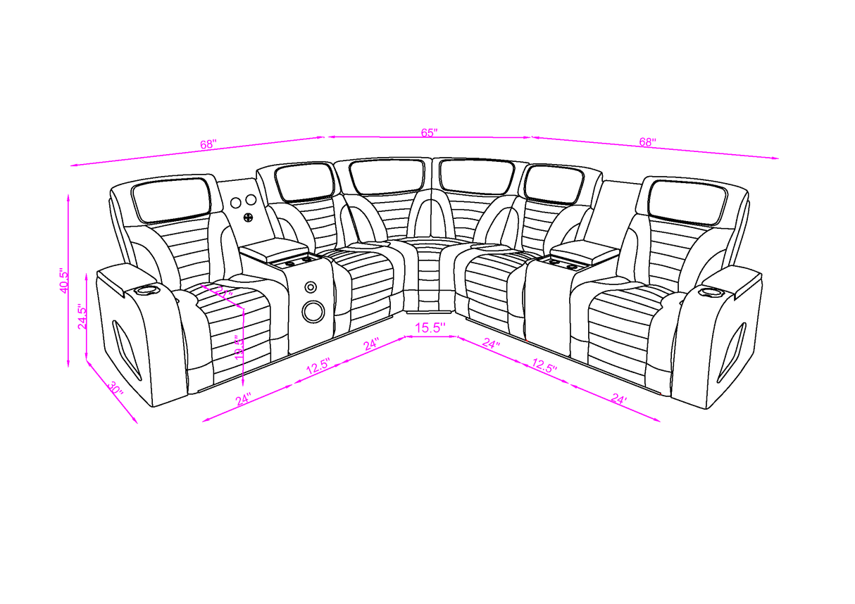Two-Tone Curved Power Reclining Sectional with LED Lights, Cup Holders, USB & Built-In Speakers