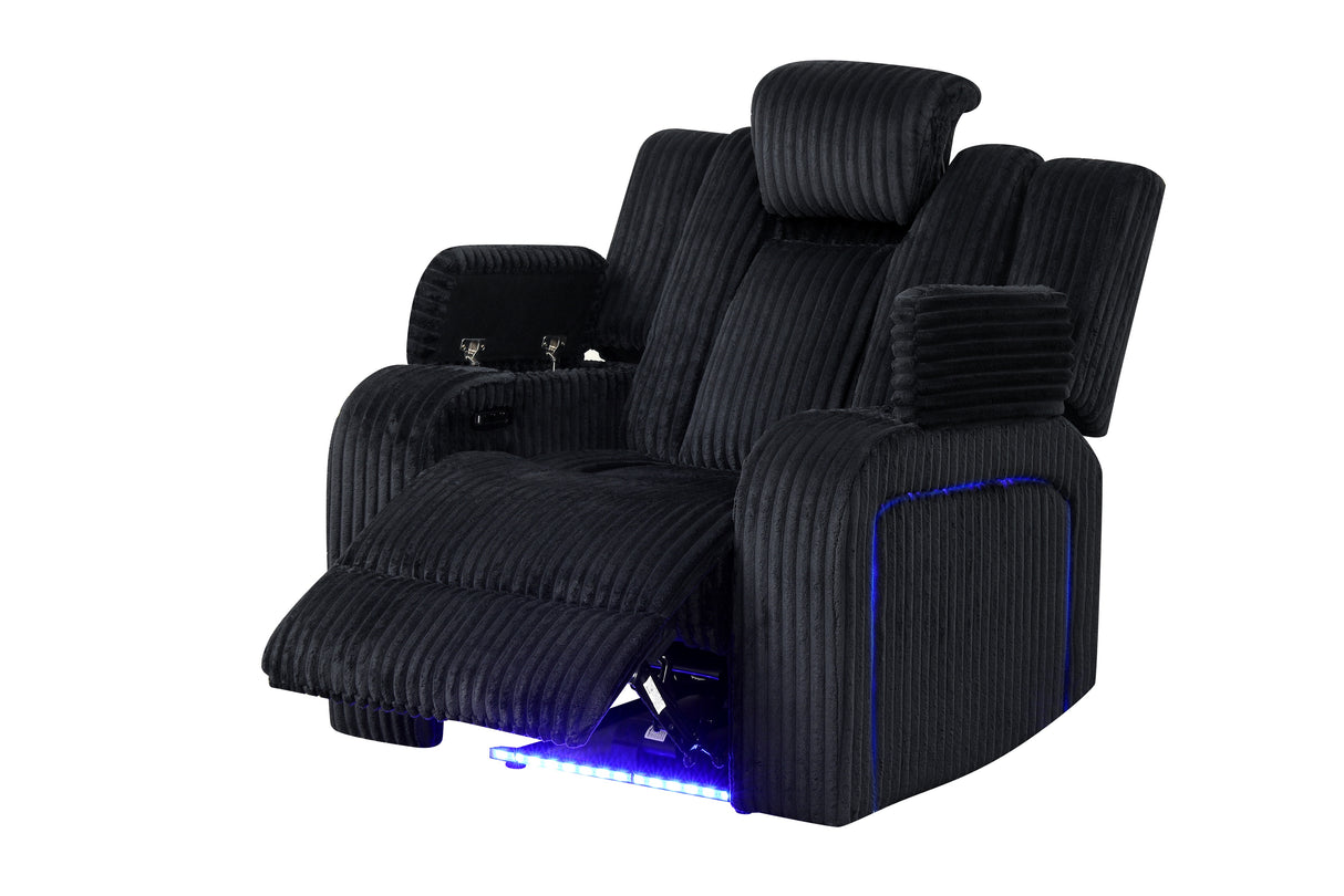 Black Corduroy Power Reclining 3-Piece Living Room Set with LED Lights, Speakers & Charging